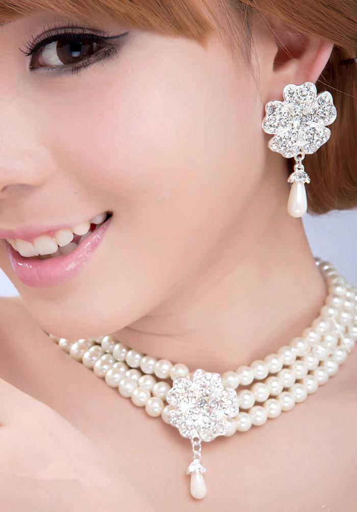 Fashion Bridal Necklace Earrings Bracelet Jewelry Set Pearl Rhinestone Wedding Jewelry Bridal Costume Accessories Party Festive Supplies