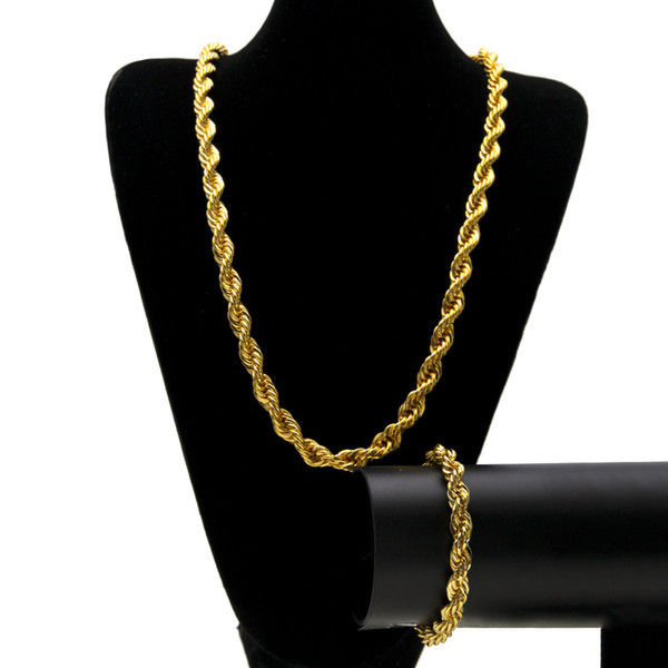 2pcs/set Gold Color Men Hiphop 76cm Long Twisted Singapore Chains Necklaces with 22cm Long Link Chain Bracelet Men Jewelry Gift