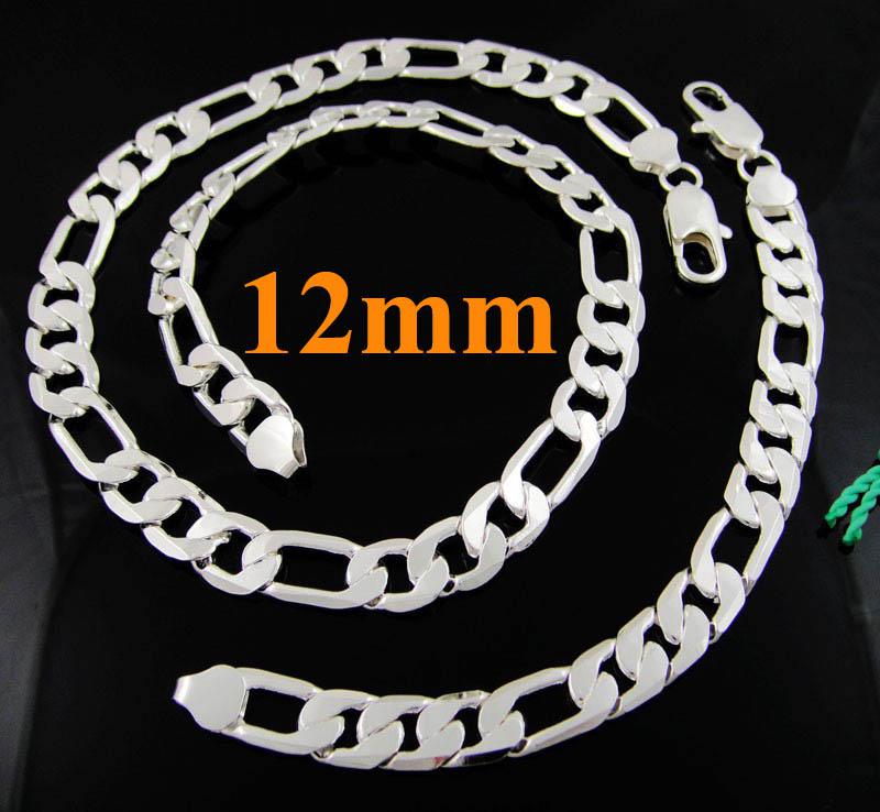 5sets Cool 925 Silver Men's 12MM Flat Figaro Chains Necklae & Bracelet jewelry set 4 Choices