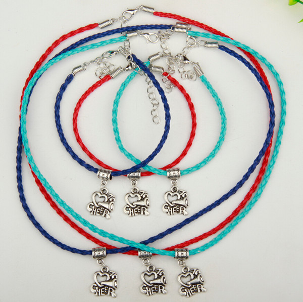 2017 Hot 10Set/lot Ancient Silver I Love Cheer Charm Pendant Multi Leather Rope Necklace Bracelet Sets Women Jewelry DIY Holiday Gifts S988