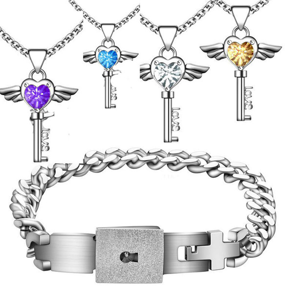 Titanium Steel Concentric Lock Bracelets Bangle Love Hearted Angel Stone Key Pendant Necklace Lovers' Jewelry Set Engagement Gift