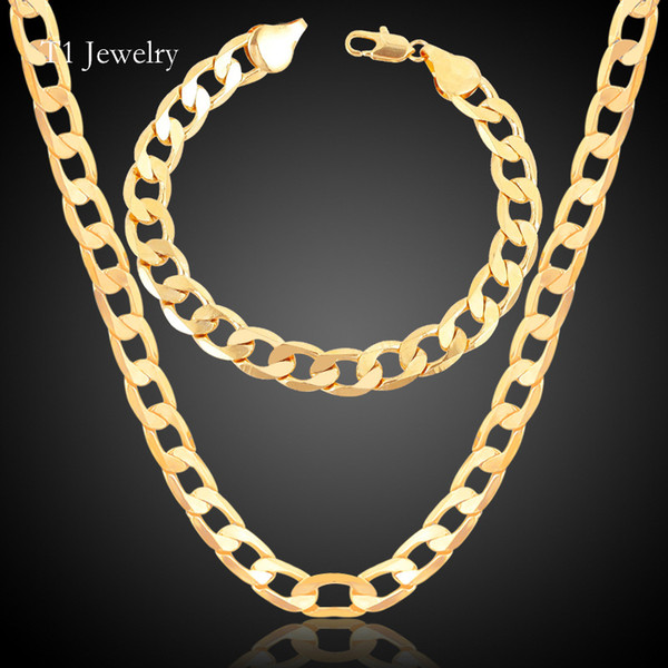 '18K' Stamp Chain figaro Necklace Copper Bracelet Set High Quality 18K Real Gold Plated Figaro Chain 10MM Men Jewelry Set