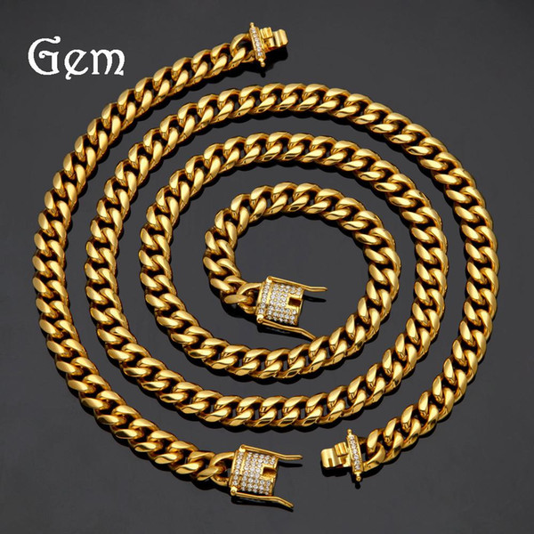 2pcs/set Gold Color Stainless Steel Men Hiphop Iced Out Long Miami Cuban Chains Necklaces with Bracelets Men Hip Hop Jewelry #HP74