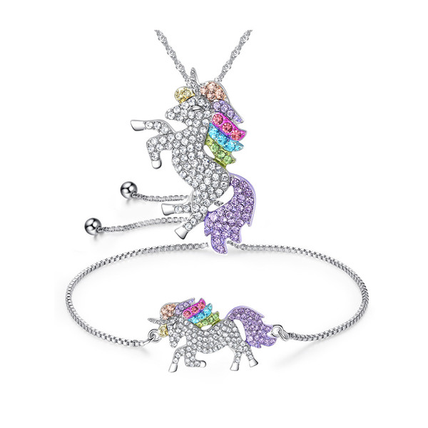 Animal Unicorn Jewelry Set Fashion Sparkly Patterns Crystal Horse Pendant Necklace Bracelet Set for Woman Man Child Jewelry Set