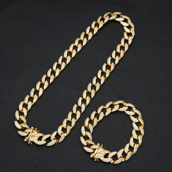 Hip Hop Iced Out Gold Plated All Zircon Cuban Link Necklace and Bracelets Jewelry Set for Male 18 20 24 Inch