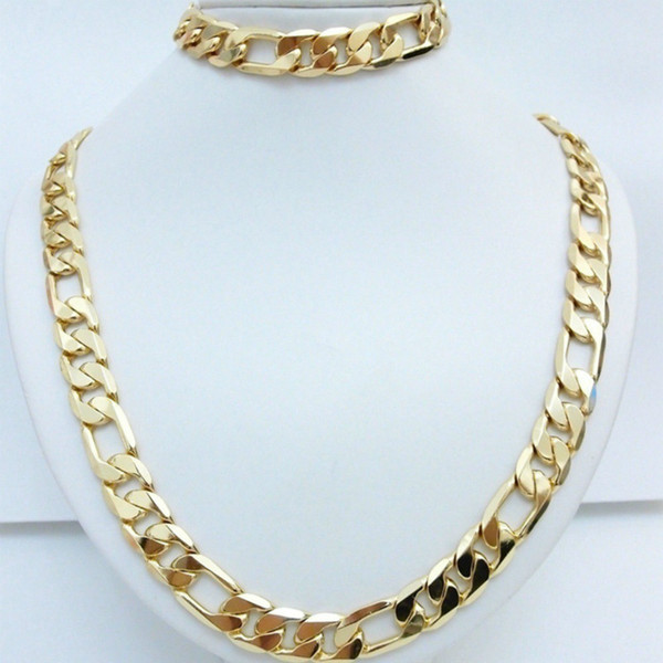 Statement Jewelry 24K Yellow Gold Filled Men's Necklace +Bracelet Set Figaro Curb Chain 20''/22''/24''26''