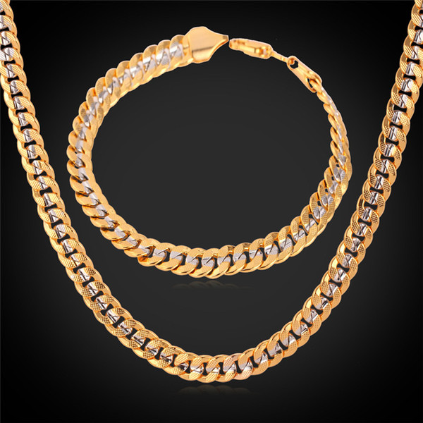 6MM Gold Chain 18K Stamp Men/Women 18K Two Tone Gold Plated Curb Chain Necklace Bracelet Set