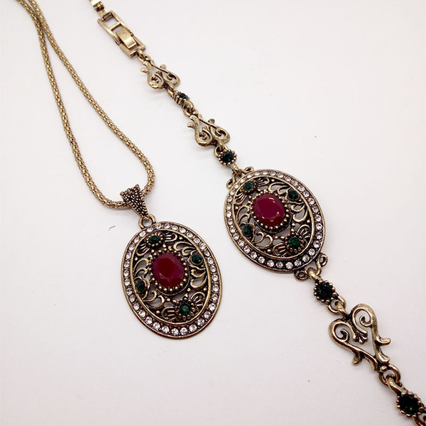 women Bohemian jewelry set Antique Gold-color necklace bracelet set christmas retro vintage turkey rhinestone oval pendant necklaces