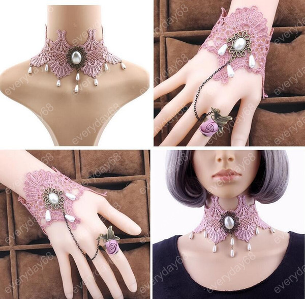 Designs Gothic Lolita Pink Lace Choker Necklace+ Lace Bracelet With Ring Sets Handmade Retro Collar Necklace Wedding Jewelry Set