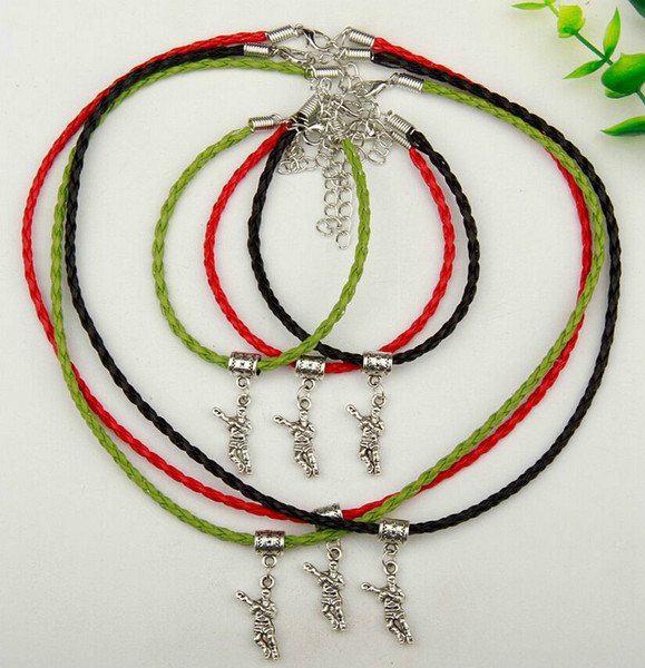 10set/lot Alloy Ancient Silver Hockey Player Charm Pendants Multicolor Braided Rope Necklace Bracelet Sets Women&Men Jewelry Holiday Gift