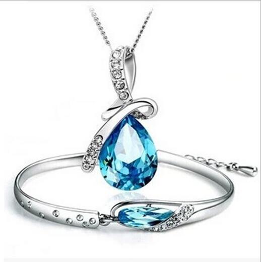 925 Silver Plated Crystal Necklace Bracelet Jewelry sets Diamond Glass Shoes jewellery Sets Tear Drop Charm Necklace for women