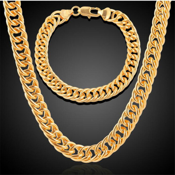 Europe And The United States Mens Thick Tight Link 18k Yellow Plated Gold Finish Miami Cuban Link Chain And Bracelet Set