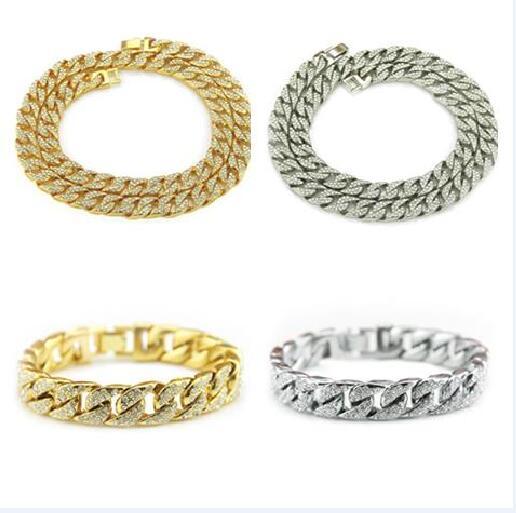 2019 New fashion Man Miami Cuban Link Chain silvery Gold Plated Fully Iced crystal Bracelet Necklace Out Hip Hop Bling 14mm*20/24/26/30inch