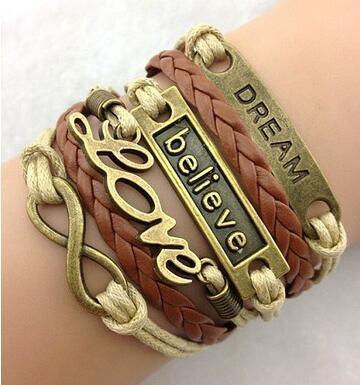 2017 New Arrivals Bronze infinity Bracelets Believe ,Love ,Dream Woven Leather warp Wax Rope Bracelet 100% Excellent Quality