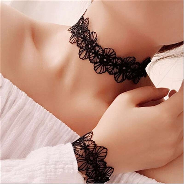 Korean Fashion Female Sweet Necklace High-end Embroidered Black Lace Broadside Necklace Bracelet