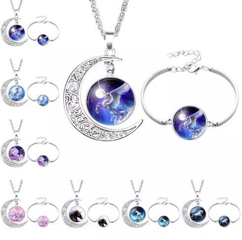 12 Styles Unicorn Glass Cabochon Necklace Bracelet Jewelry Sets Silver Moon Time Gemstone Cabochon Necklace Bracelet Set