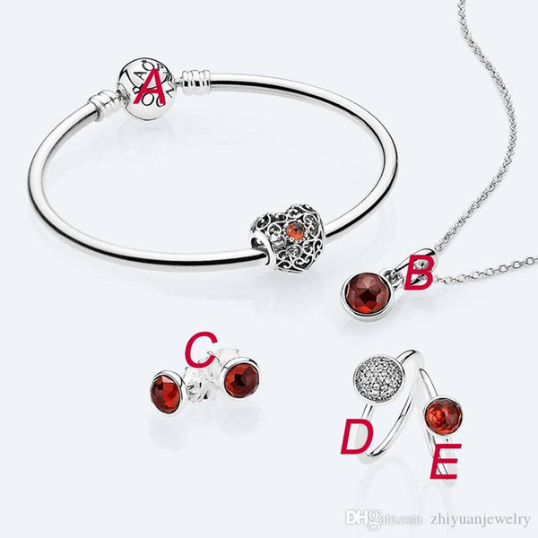 red CZ charm bangle bracelet necklace earrings rings jewelry set top quality sterling silver 925 bracelets jewelry full package