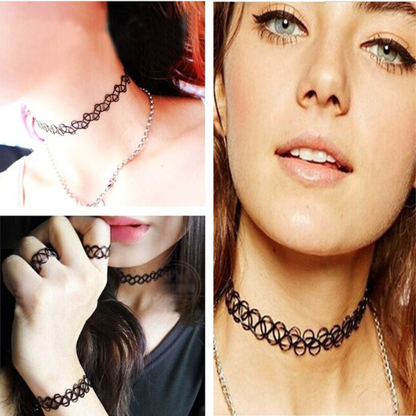 Free shipping vintage stretch tattoo henna choker hippy necklace plastic black tattoo necklace bracelet Ring set