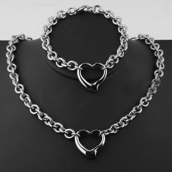 New Brand For Women's Silver Tone Stainless Steel Heart Necklace Bracelet Set