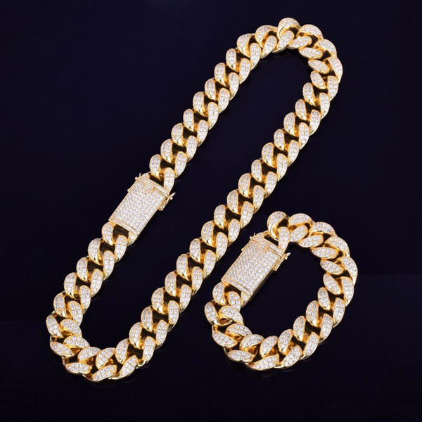 Heavy Cubic Zirconia Miami Cuban Chain with Bracelet Necklace Set Gold Silver 20mm Big Choker Men's Hip hop Jewelry 16