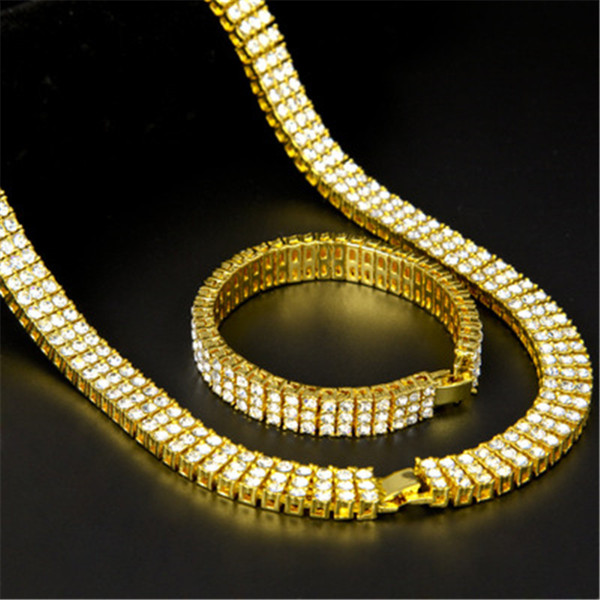 Luxury 3 Drainage Diamond Men Hip Hop Necklace Bracelet Set Zinc Alloy Men's Hip Hop Bracelet Party Bar Nightclub Accessories