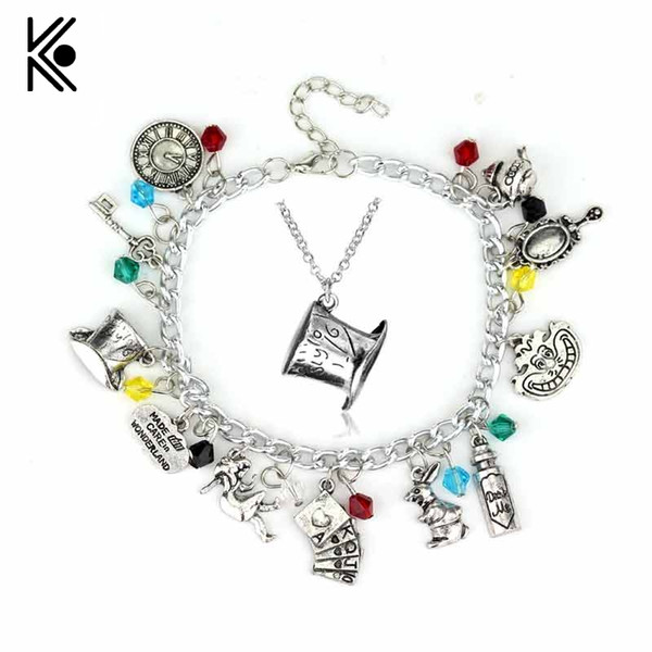 Alice In Wonderland Mad Hatter Charm Bracelet & Necklace Drink Me Alice Hat Brand Jewelry Gift For Fans Women Movie Jewelry