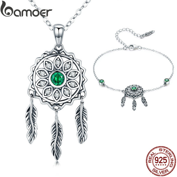 2PCS 925 Sterling Silver Jewelry Sets Vintage Dream Catcher Bracelets & Necklaces Crystal CZ Women Jewelry Anniversary Birthday Gift