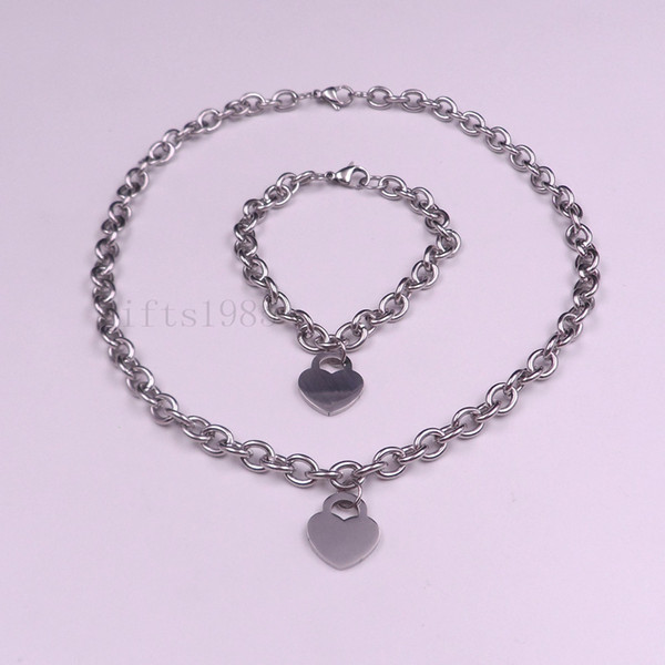 1set women's cool stainless steel oval chain with heart charm necklace bracelet