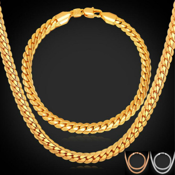 Gold/Rose Gold Color Chain For Men Necklace Bracelet Set Hot Fashion Men Jewelry Sets Wholesale Free Shipping