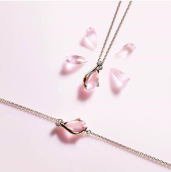 Jewelry brand Cherry necklace bracelet sets 925 silver rose quartz pendant collarbone chain pink crystal necklace gold chain bracelets