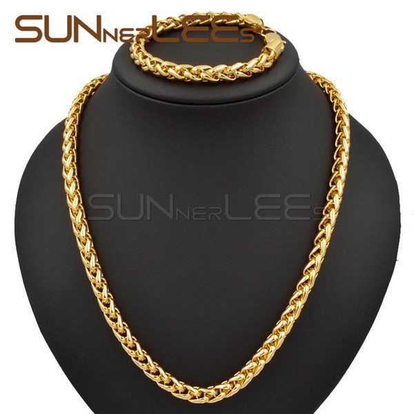 7mm Mens Womens Jewelry Gift Wheat Link Chain Yellow Gold Filled Necklace Bracelet Set C02 YS