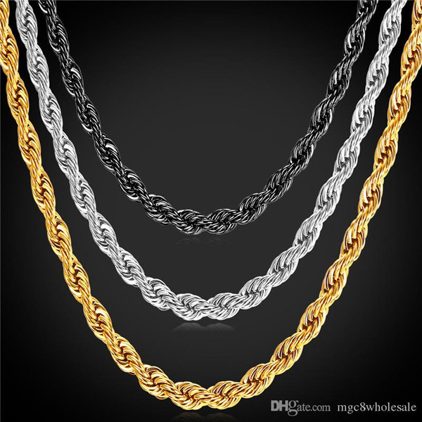 U7 Gold Plated Twist Chain Necklace Bracelet Fashion 18K Gold Plated/Stainless Steel Gold Chains for Men Perfect Necklaces Gifts GN2173