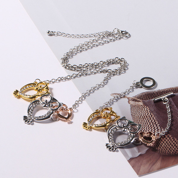 Fashion new animal clavicle chain personality cute 3 color plating pendant owl pendant necklace plus bracelet set combination WCW326