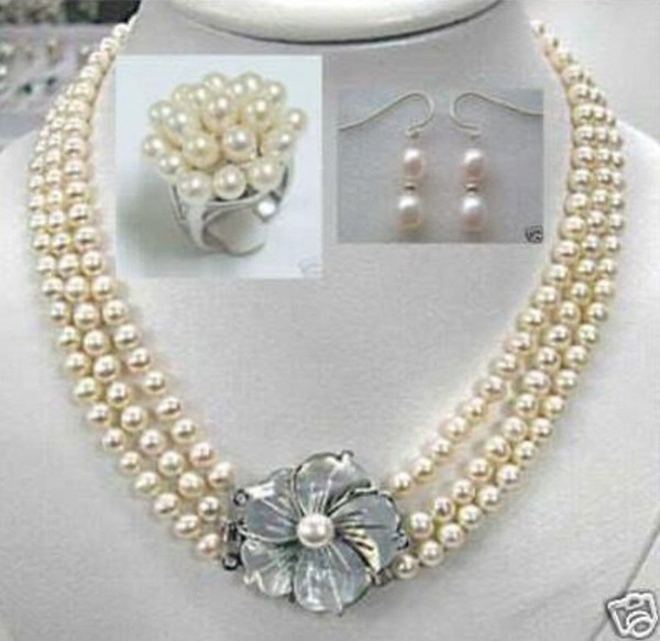 Hand knotted charming 7-8mm white freshwater pearl shell pearl flowers clasp necklace ring earrings set fashion jewelry