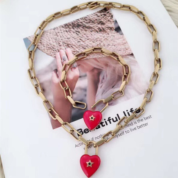 19SS NEW Retro Red Love Necklace Thick Chain Brass Old Personality Bracelet Necklace Popular jewelry Set