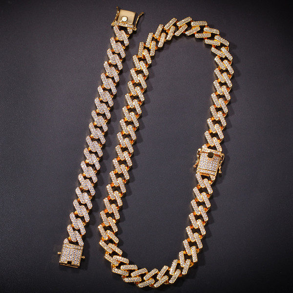 2cm Hip Hop Gold Color Iced Out Crystal Miami Cuban Chain Gold Silver Necklace & Bracelet Set HOT SELLING THE HIP HOP KING