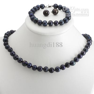 New Fine pearl jewelry set Genuine Natural 18inches 7-8mm white pink black Necklace bracelet earring