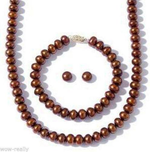 7-8MM Cultured Freshwater Pearl Necklace Bracelet Stud Earring Jewel Set