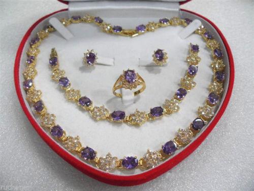 women's jewelry amethyst yellow Necklace Bracelet Earring Ring sets box AAA