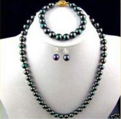 AAA 8mm Black Multi-Color Shell Pearl Necklace Bracelet Earring Jewelry set 18''