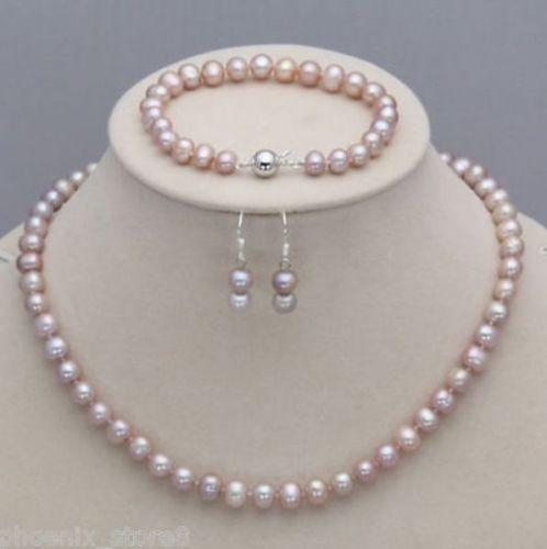 Genuine 7-8mm Natural Purple Freshwater Pearl Necklace Bracelet Earrings Set