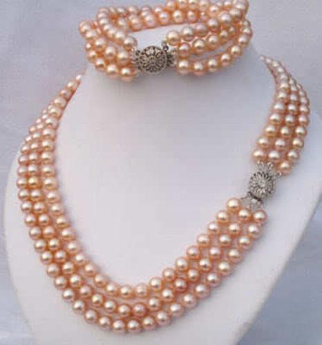 3Rows 7-8mm Pink Akoya Pearl Necklace Bracelet Set