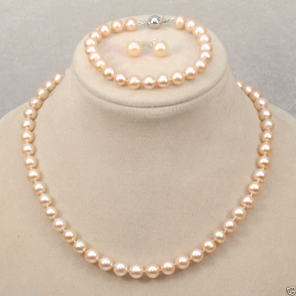 Natural 8-9mm Pink Freshwater Pearl Necklace Bracelet Earrings Set