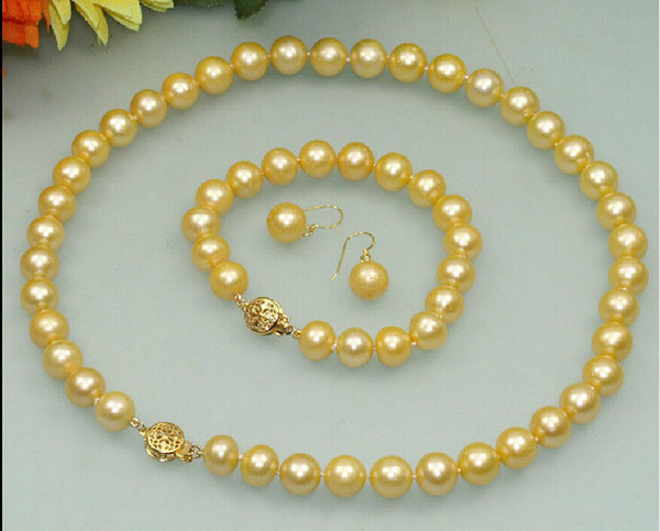 HOT 10-11MM REAL SOUTH SEA YELLOW PEARL NECKLACE BRACELET EARRING 14k GOLD