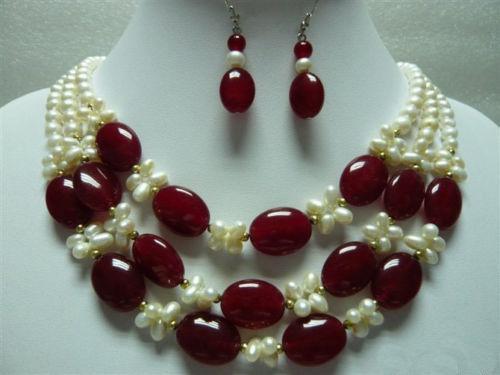 3 Rows Real White Pearl Red Agate Pendant Necklace Earrings Sets