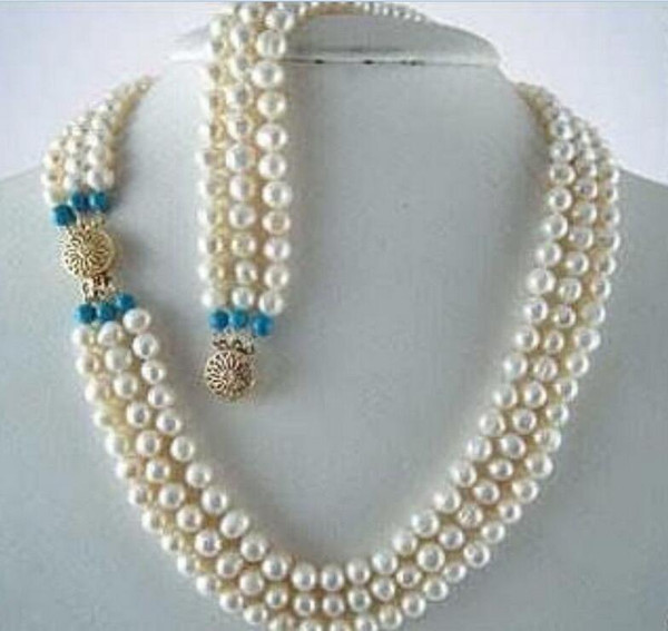 7-8 MM 3 row WHITE south sea PEARL NECKLACE +BRACELET SET