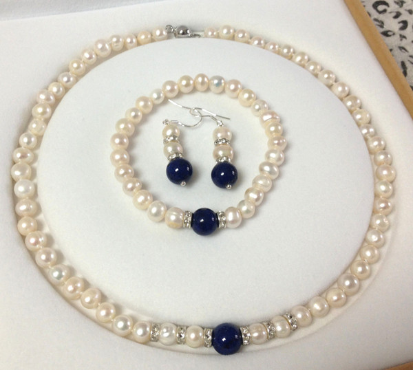 7-8mm Natural White Pearl/10mm Lapis Lazuli Gems bracelets necklace earrings set