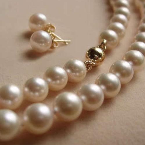 8MM White Akoya shell Pearl Necklace +Earring AAA 18