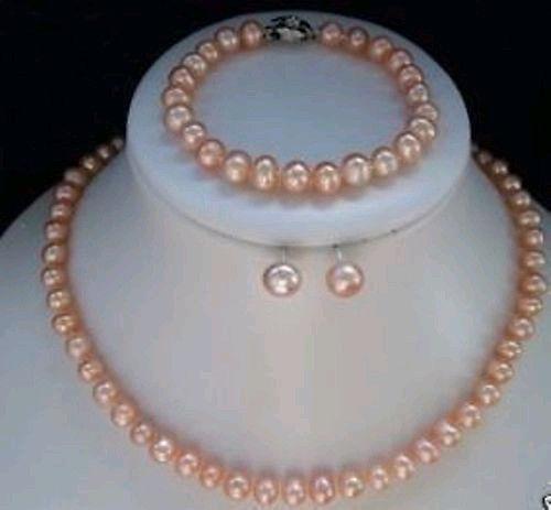 9-10MM REAL SOUTH SEA PINK PEARL NECKLACE BRACELET EARRING 14k WHITE GOLD