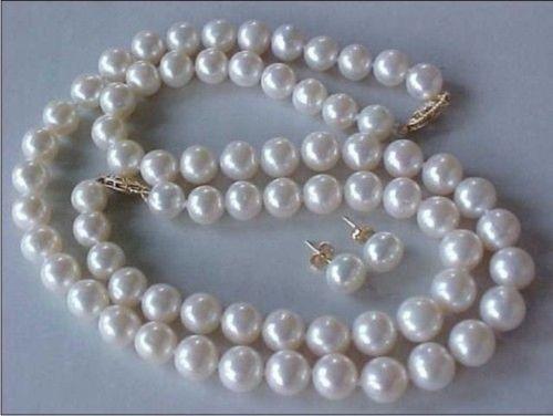 14K SET OF 9-10MM AAA GENUINE WHITE PEARL NECKLACE, BRACELET & EARRINGS